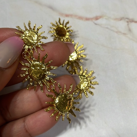 Zara. Gold Triple Sun Earrings - Picture 11 of 14